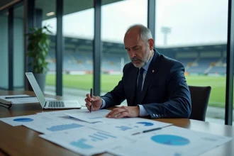 Dirigeant de club de Ligue 1 analysant le budget et les contrats financiers lors d'une réunion d'état-major