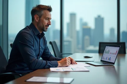 Dirigeant de marketing sportif examinant des documents strat&eacute;giques dans une salle de r&eacute;union d'entreprise moderne, illustrant les coulisses des fuites orchestr&eacute;es dans l'industrie du catch professionnel