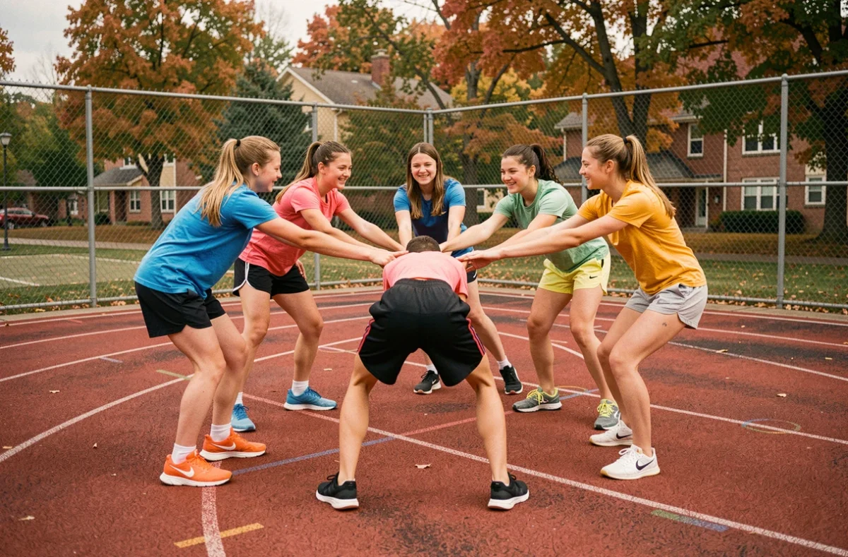 Élèves de collège réalisant un exercice coopératif sur une piste d'athlétisme lors d'un cours d'EPS