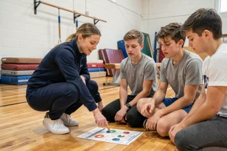 Enseignante EPS expliquant une séquence d'apprentissage à des élèves dans un gymnase scolaire
