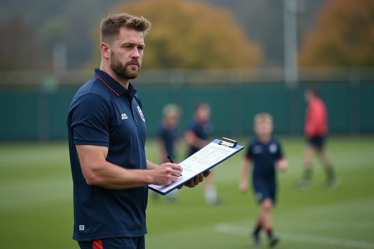 Entraîneur de l'académie ASM Rugby supervisant les jeunes joueurs en bord de terrain avec un clipboard de données