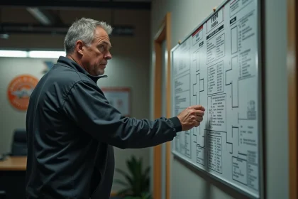 Entraineur de football s&eacute;rieux &eacute;tudie les brackets