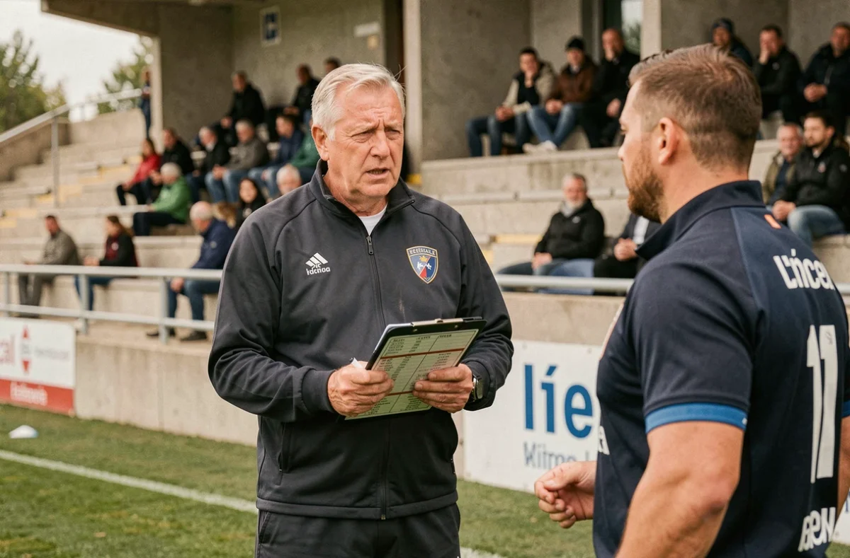 Entraîneur de rugby Fédérale 1 donnant des consignes tactiques en bord de touche lors d'un match