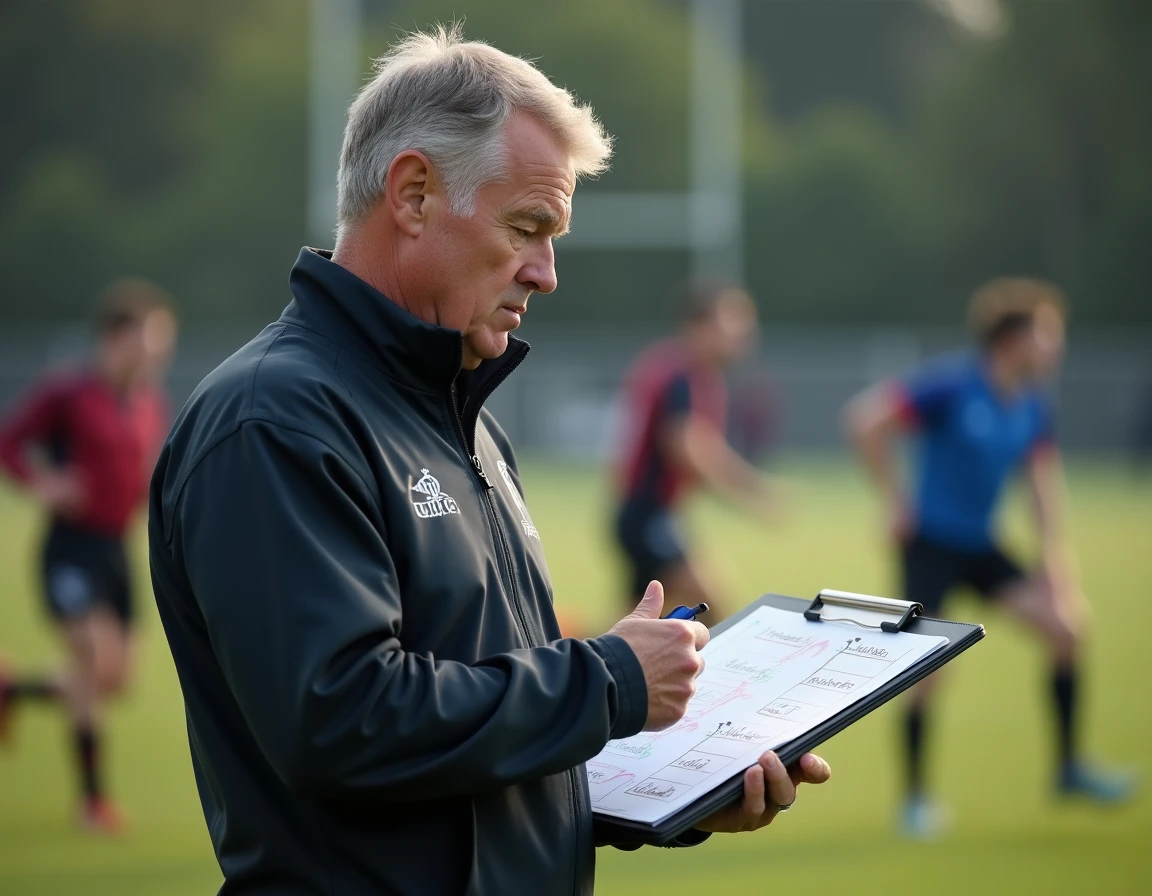 Entraîneur de rugby National 2 analysant sa liste de transferts sur un clipboard en bord de terrain