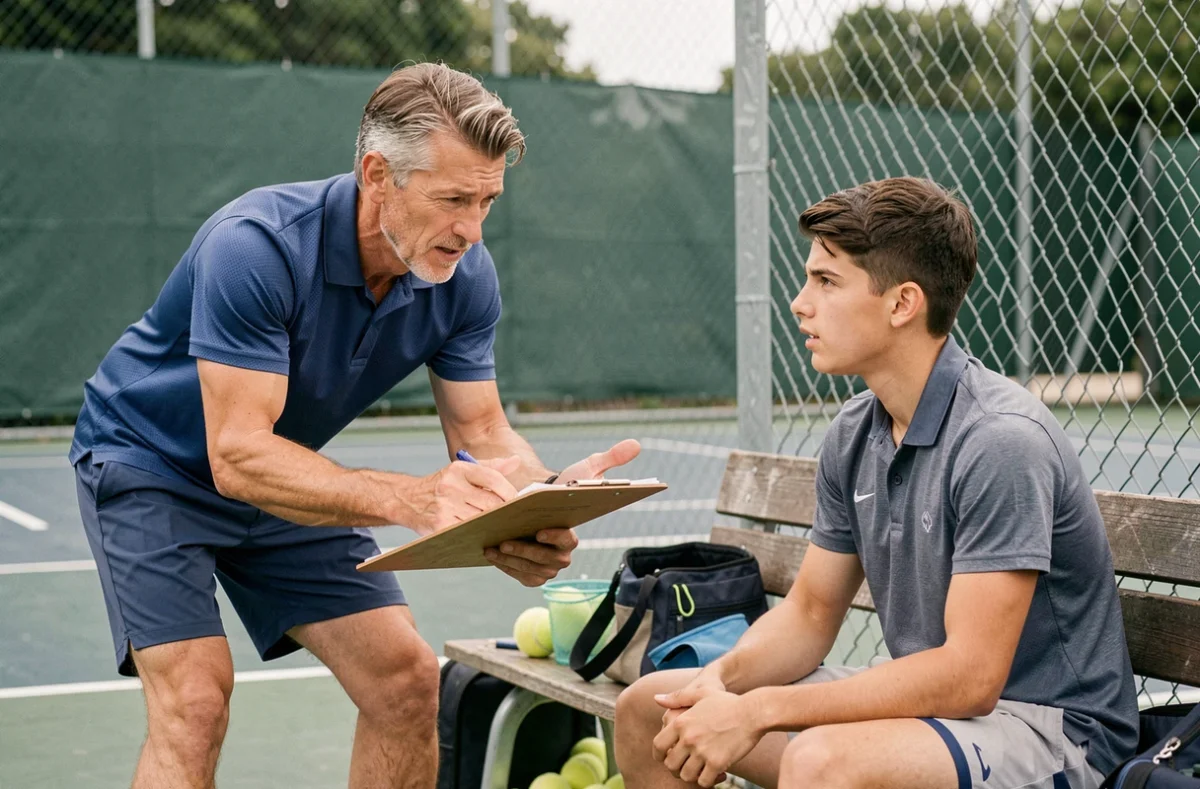 Entraîneur ATP expliquant une stratégie tactique à un joueur de tennis lors d'une pause d'entraînement