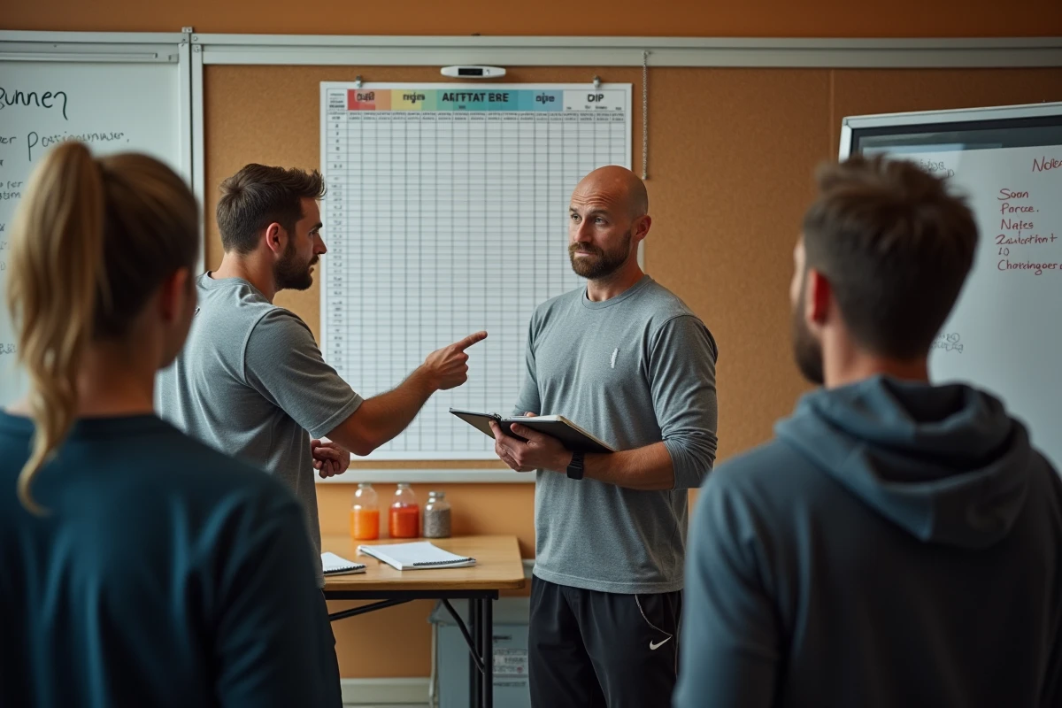 Entraîneur expliquant un tableau d'allures de semi-marathon à un groupe de coureurs