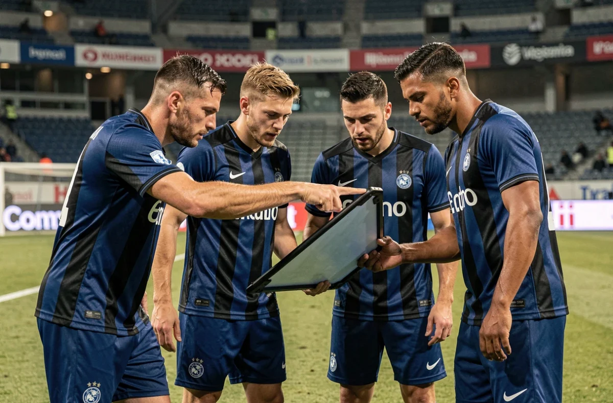 Groupe de joueurs de l'Inter Milan en discussion tactique lors d'une séance d'entraînement collective
