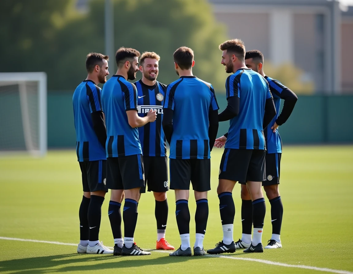 Groupe de joueurs de l'Inter Milan en tenue d'entraînement noire et bleue réunis en cercle tactique sur le terrain d'entraînement, discutant avec concentration et esprit d'équipe avant une séance