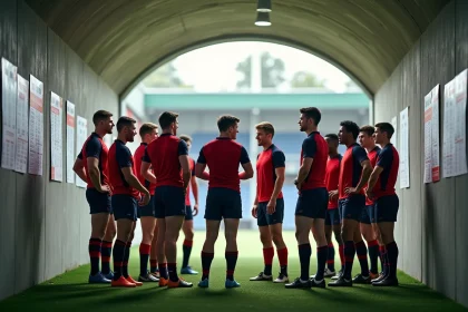 Jeunes joueurs de rugby dans le tunnel du stade