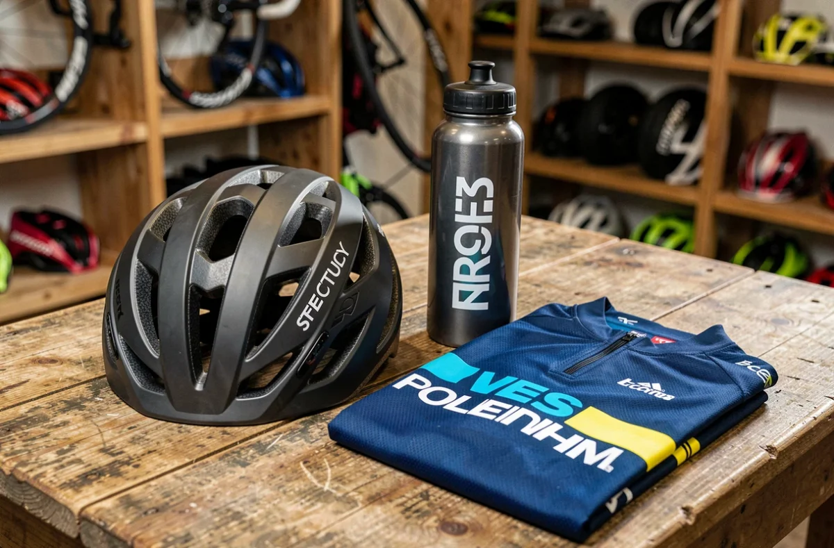 Équipement de cyclisme professionnel avec logos de sponsors disposés sur une table en bois, symbolisant les marques qui s'associent encore à Lance Armstrong pour la saison 2026