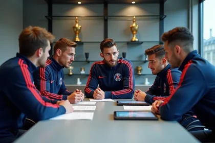 &Eacute;quipe de football PSG en r&eacute;union dans un bureau moderne