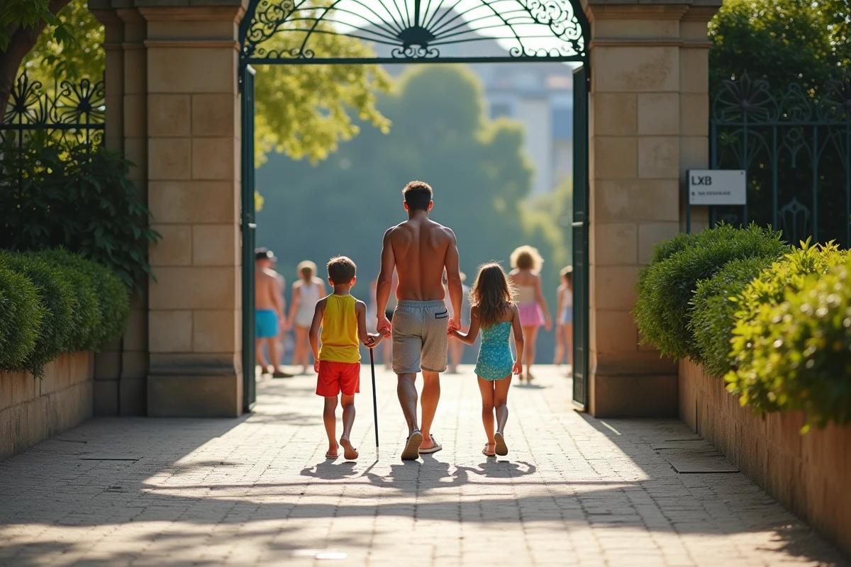 Famille avec enfants devant la piscine Butte aux Cailles à Paris