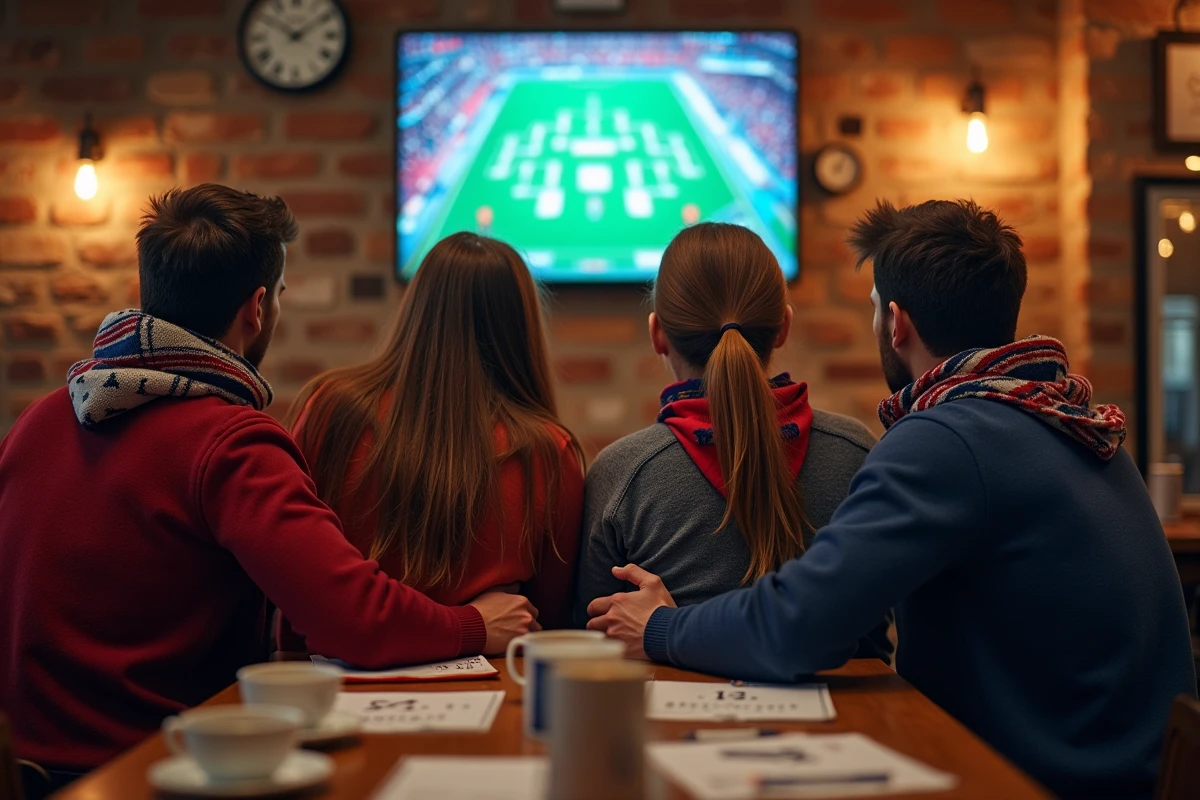 Fans de football regardant le tirage &agrave; la t&eacute;l&eacute; dans un caf&eacute;