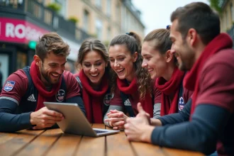 Fans de rugby discutant autour d'une tablette en terrasse