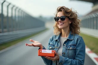 Femme souriante avec cadeau et circuit automobile