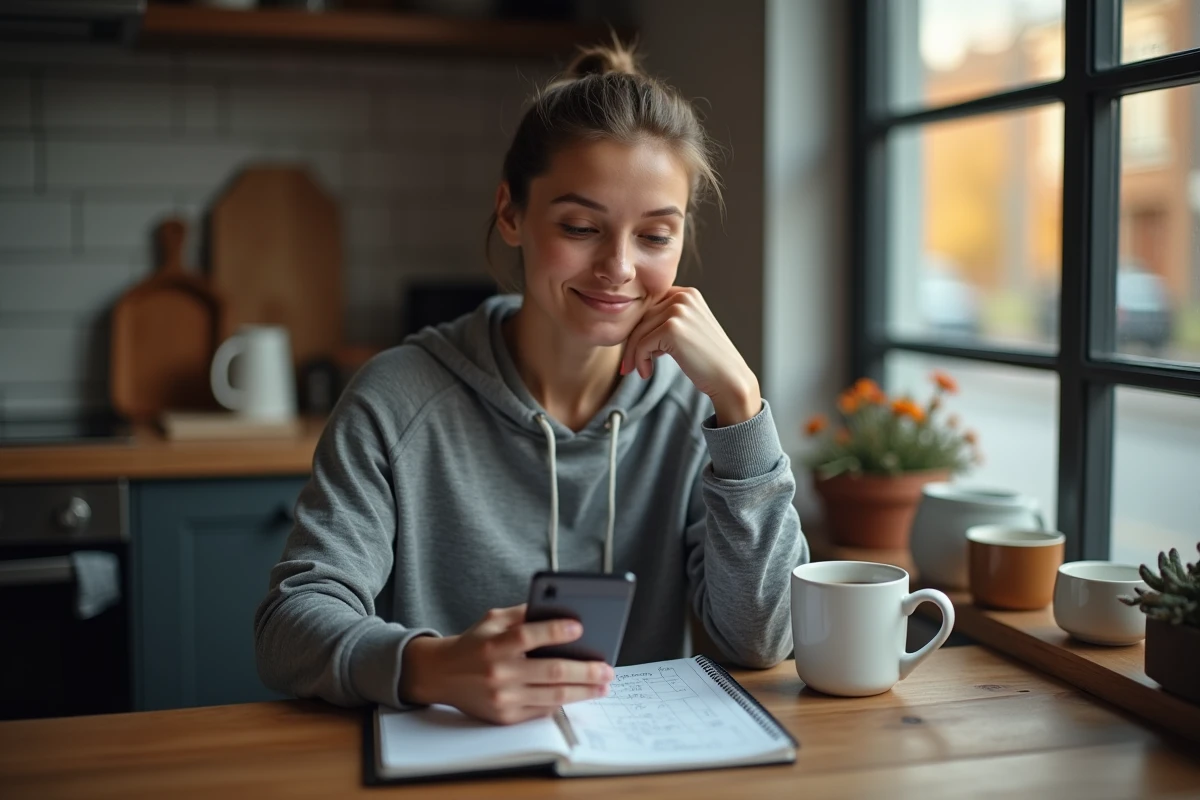 Coureuse planifiant ses allures et calculant ses temps de course par kilomètre avec un carnet d'entraînement et une application mobile