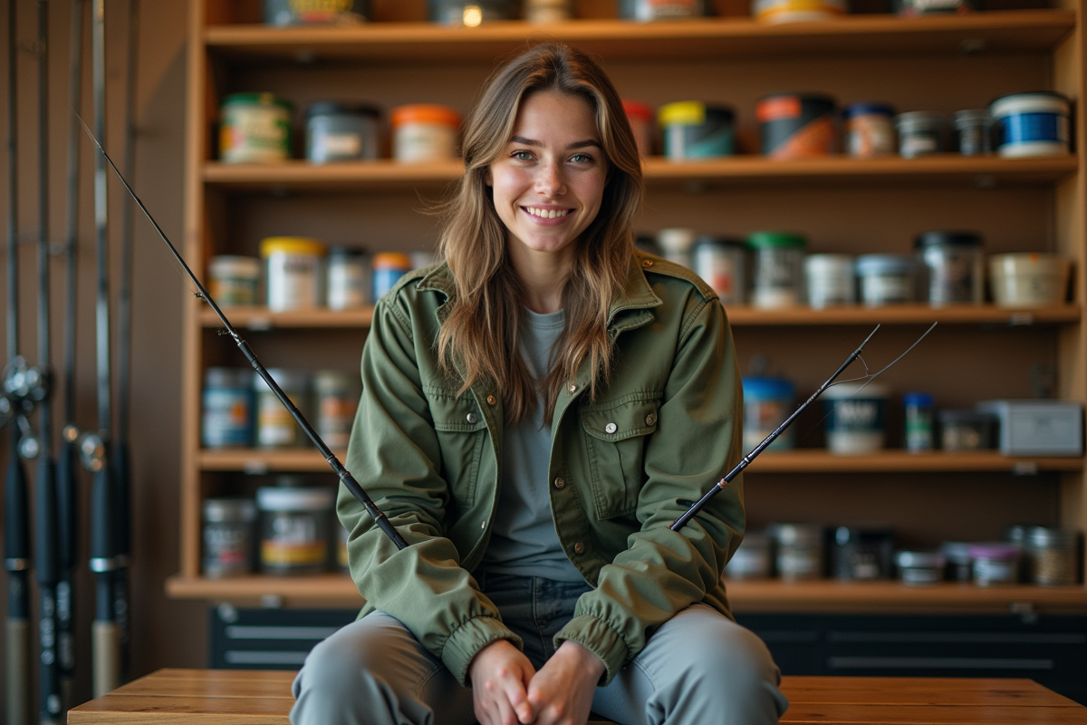 Jeune femme pesant des cannes à pêche dans un magasin spécialisé