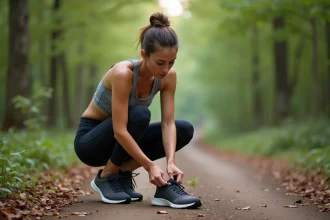 Femme sportive en pleine préparation en forêt