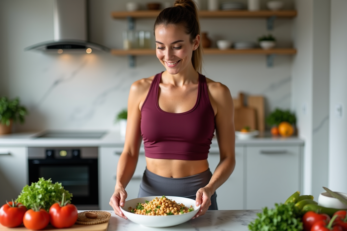 Femme préparant une salade dans une cuisine moderne