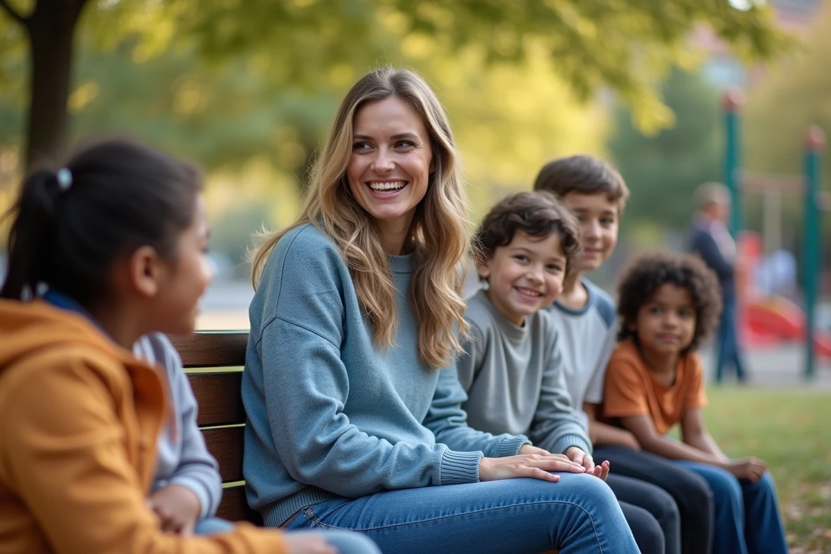 Femme souriante avec des enfants dans un parc urbain