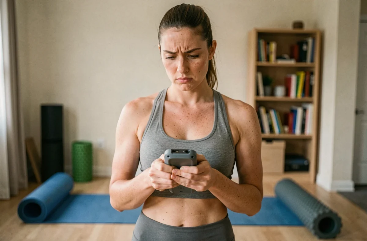 Femme examinant un appareil de boxe connecté Beatpunch avec un regard critique dans un espace fitness à domicile