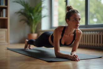 Femme en position de planche dans un appartement moderne