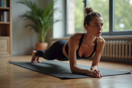 Femme en position de planche dans un appartement moderne