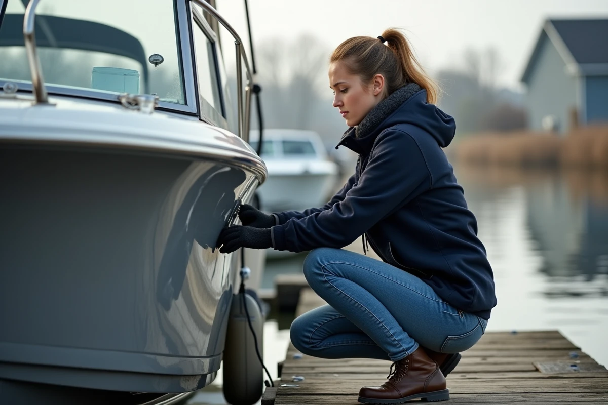 Jeune femme inspecte le moteur d’un bateau au marina