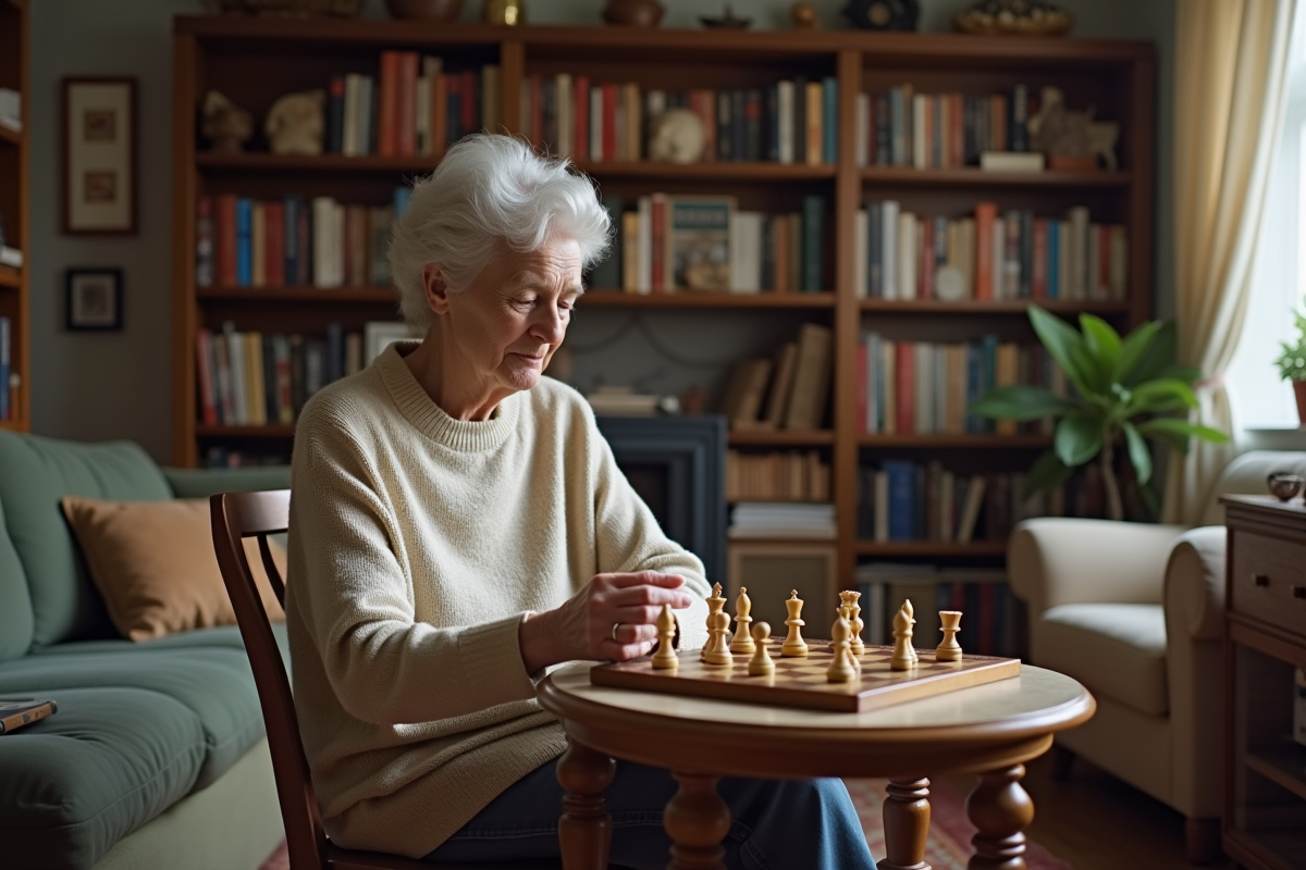 Femme âgée jouant aux échecs dans son salon cosy