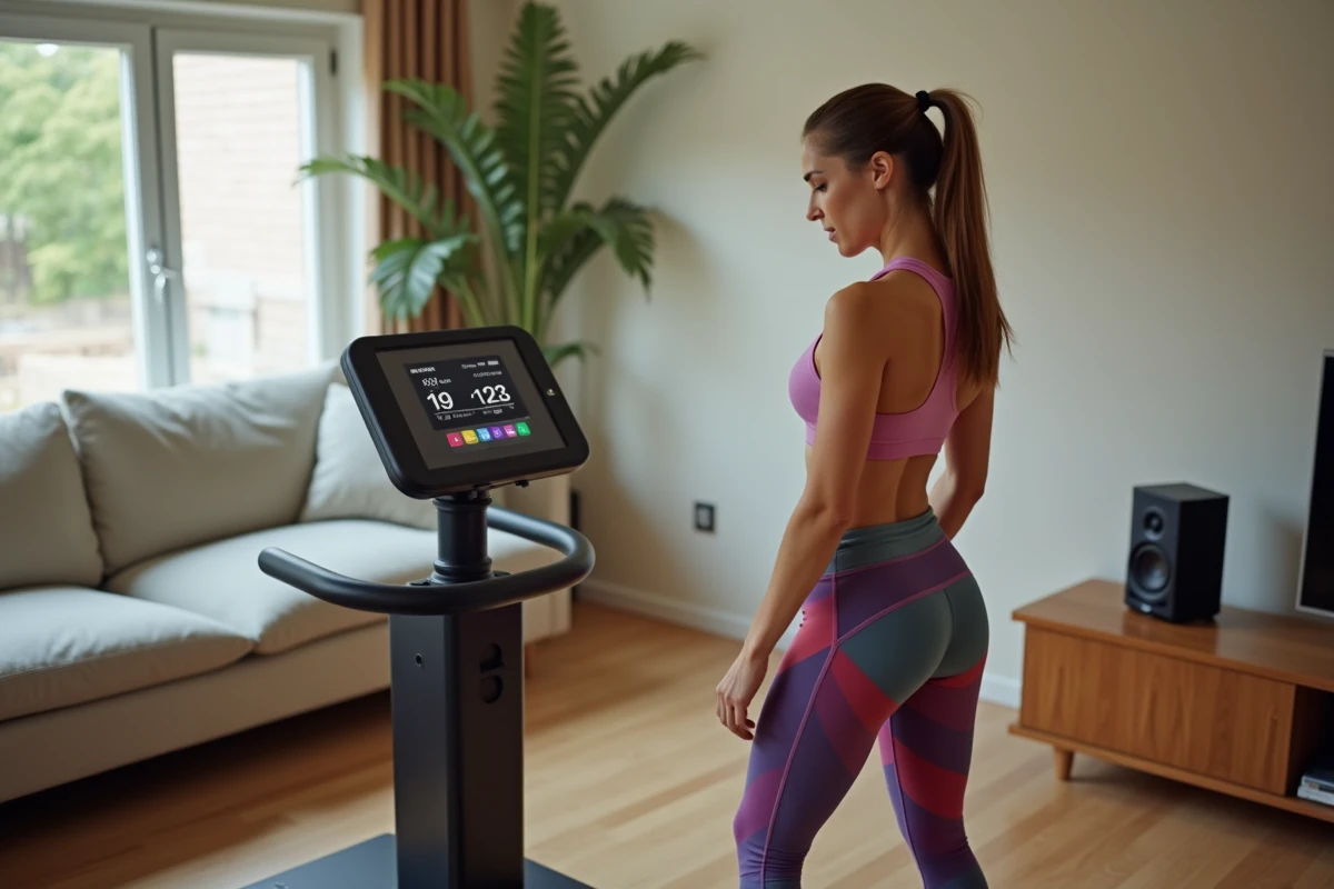 Femme regardant le score sur une machine &agrave; boxe musicale &agrave; domicile
