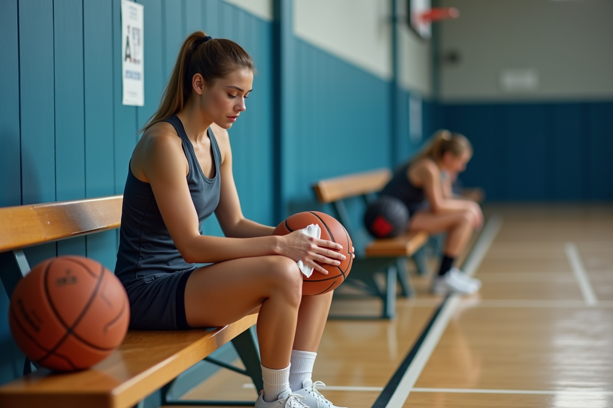 Jeune femme essuyant un ballon de basketball