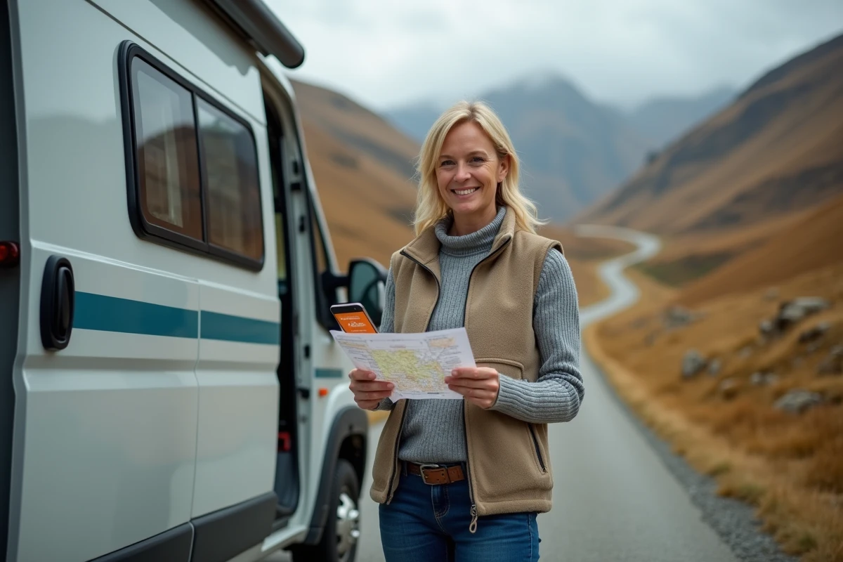 Femme planifiant un trajet en camping-car en vérifiant le calendrier des rallyes 2026 sur smartphone