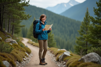 Femme souriante en randonnée dans la forêt avec carte