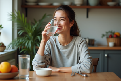 Femme d&eacute;tendue buvant de l'eau dans la cuisine lumineuse