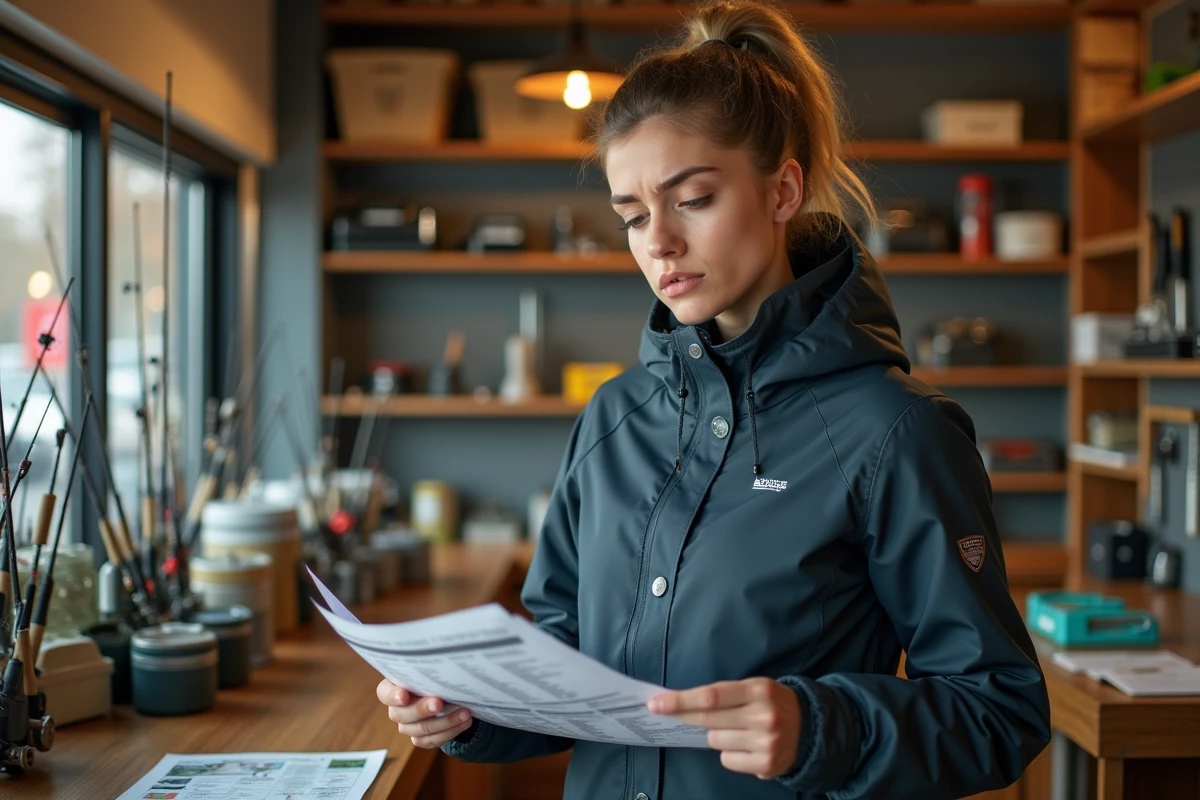 Jeune femme dans un magasin de pêche consulte une liste de prix
