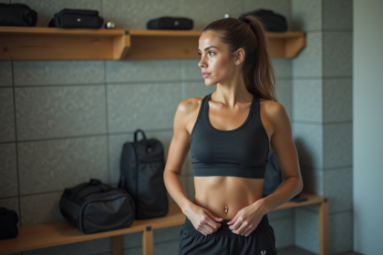 Jeune femme sportive ajustant son short dans une salle de sport