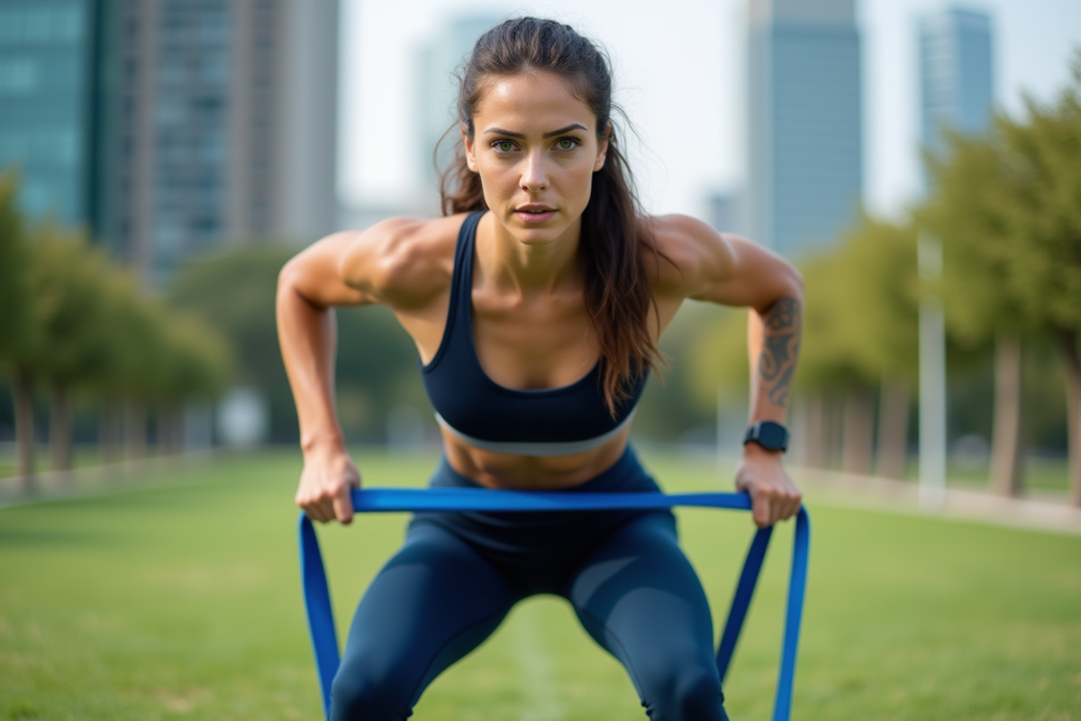 Femme faisant un squat avec bande bleue dans un parc urbain