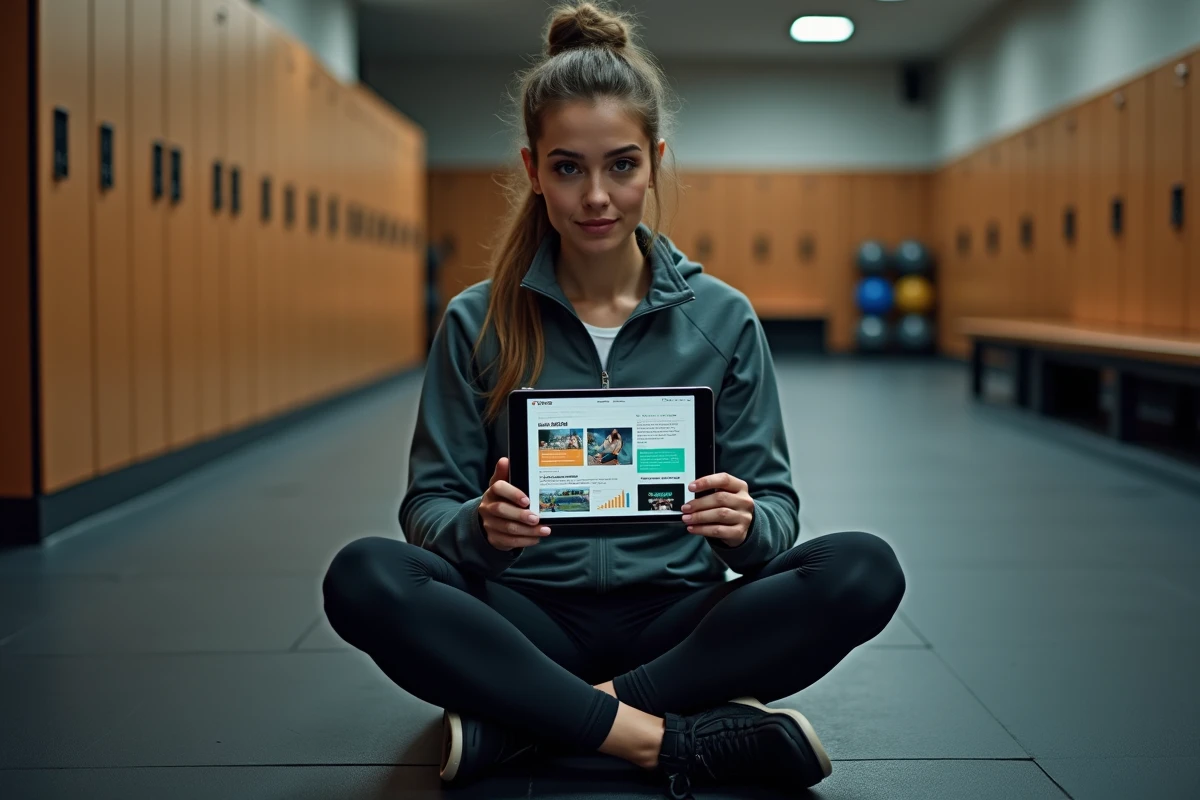 Femme consultant un site sport atypique sur tablette dans une salle de sport, illustrant la stratégie de contenu SEO