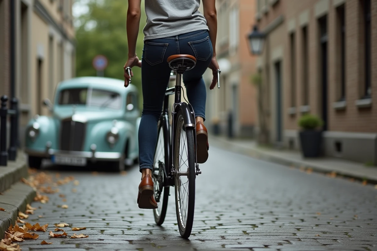 Femme à vélo hollandais utilisant le frein à rétropédalage sur des pavés en ville