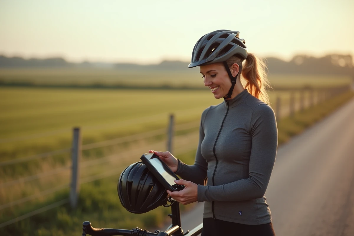 Femme en équipement cycliste vérifiant son compteur à vélo