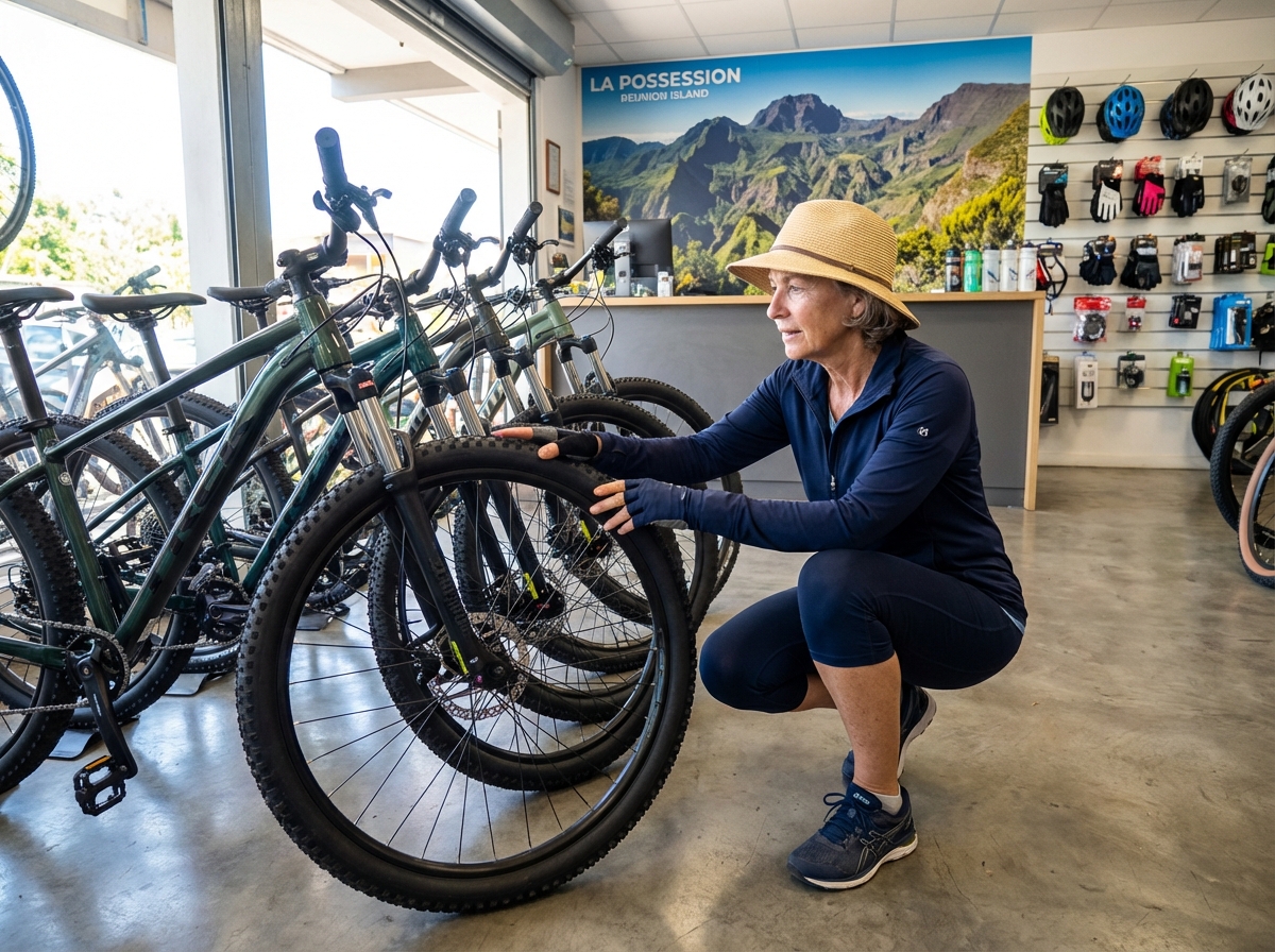 Femme inspectant un pneu de vélo dans un magasin de sport
