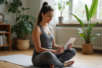 Femme en yoga à la maison suivant une séance digitale