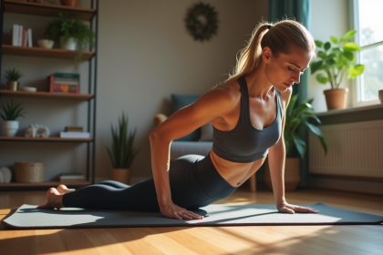 Femme en yoga dans un intérieur cosy et lumineux