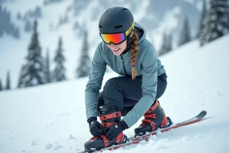 Jeune femme skieuse ajustant ses bottes de ski en montagne