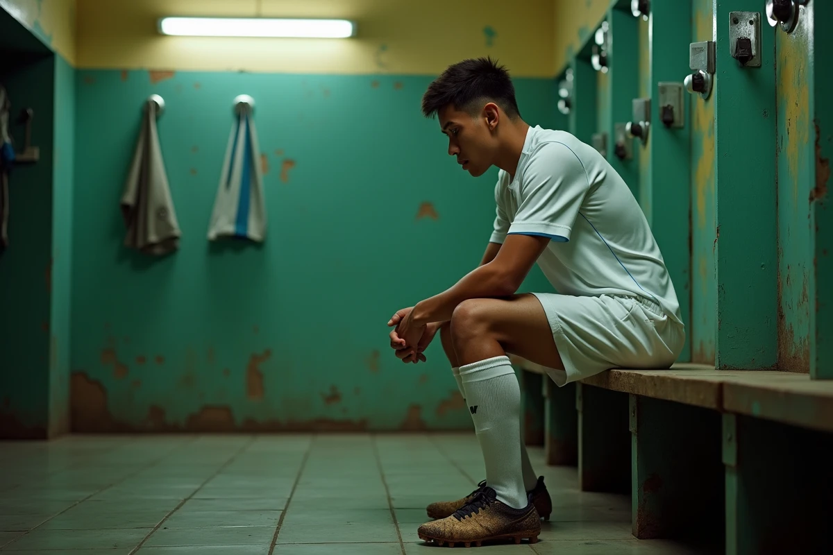 Jeune footballeur argentin seul dans un vestiaire de club modeste, regard pensif avant un match