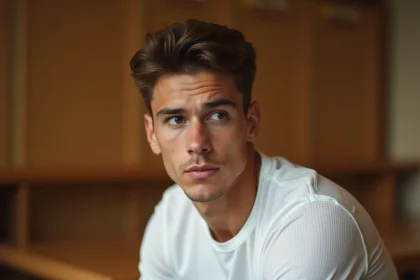 Jeune footballeur professionnel assis dans un vestiaire, air pensif évoquant ses origines familiales