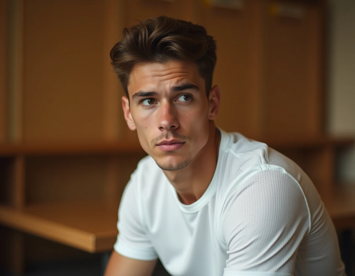 Jeune footballeur professionnel assis dans un vestiaire, air pensif évoquant ses origines familiales