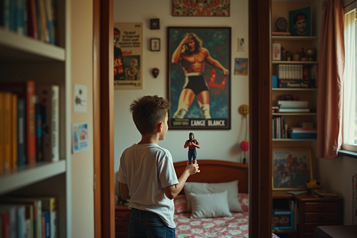 Jeune gar&ccedil;on regardant un poster de lutte vintage