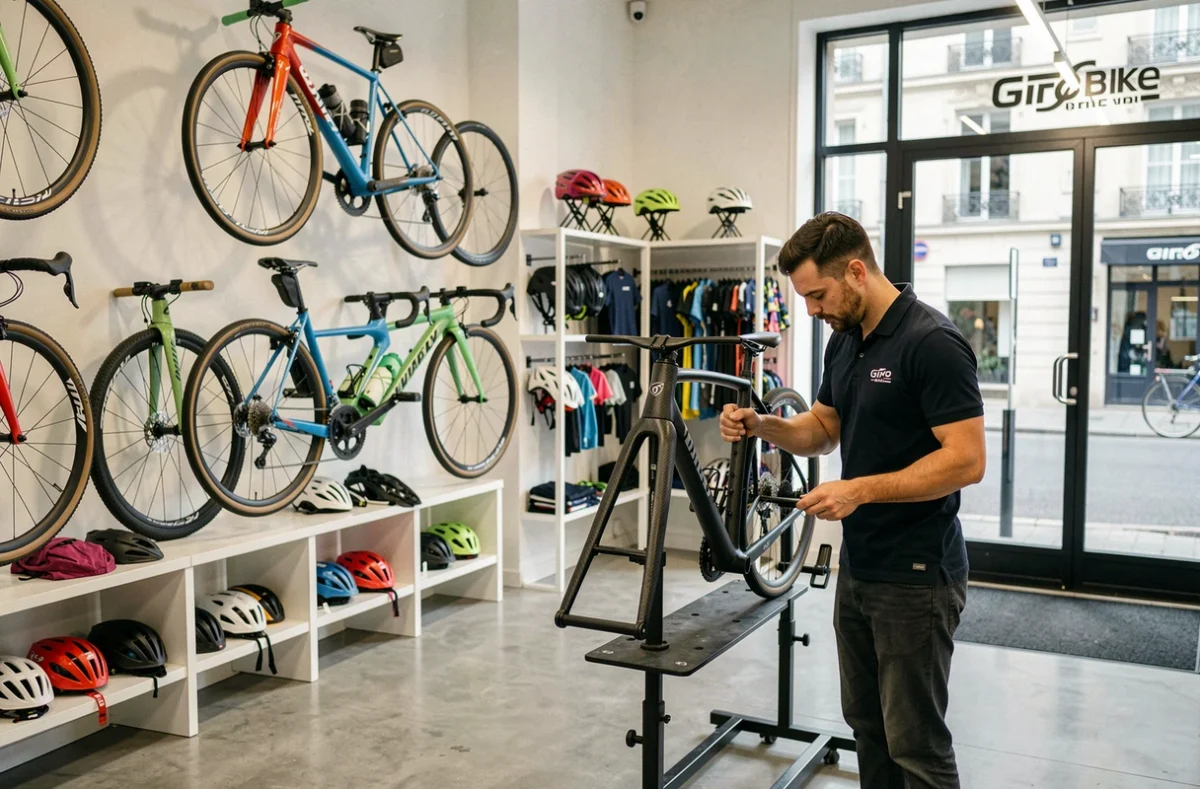 Mécanicien inspectant un vélo de route dans l'atelier moderne du magasin Giro Bike