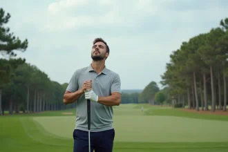 Golfeur gérant son stress au départ en respirant profondément avant de frapper la balle sur le tee